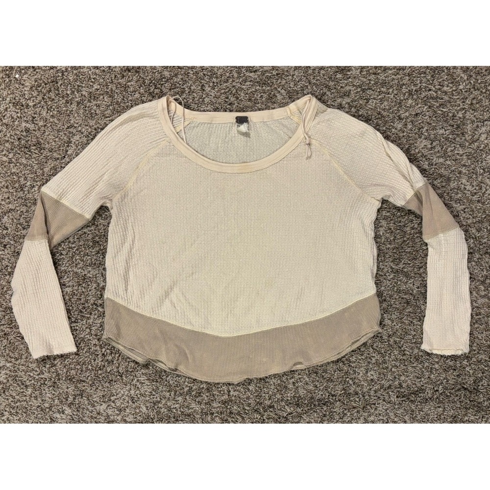 Free People Diamond Dozen Waffle Knit Tan Long Sleeve Shirt Women’s Size XS